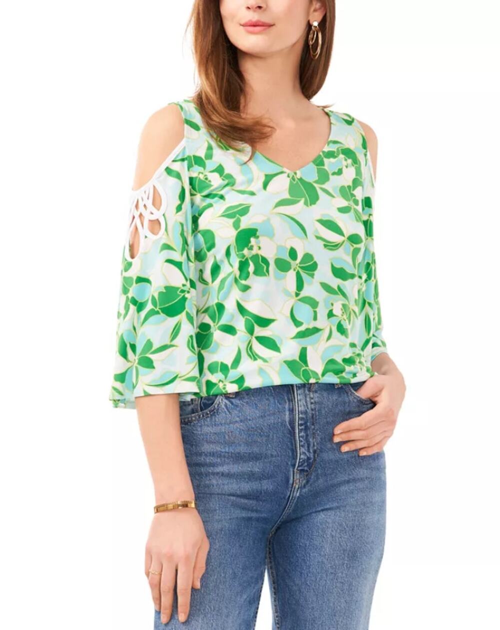 Sam & Jess Green Boho Floral Top XS NWT Cold Shoulder Bell Sleeve Blouse